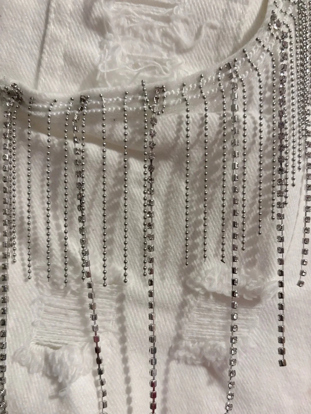 RISEN White Denim Shorts with Silver Chain and Rhinestone Fringe - Picture 7 of 9
